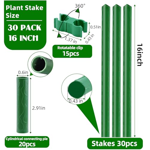 Fabulas Garden Stakes 16 Inch 30 Pack, Diy 4ft 5ft 6ft 7ft 8ft Tomato Stakes Plastic Coated Metal Plant Sticks Stakes Supports with 20 Connectors 15 Rotatable Clips for Indoor Outdoor Plants Vegetable - size: 16inch-30pcs