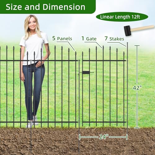 42" x 12' No-Dig Metal Garden Fence with Gate, Outdoor Fencing for Yard - size: Roman Col 42″H x 12ft (1Gate+5Panels)