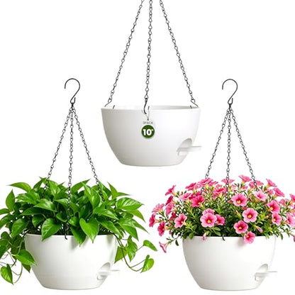 10 Inch Self-Watering Hanging Planters Set of 3 with Saucers - color: White, size: 10 Inch 3 Pack
