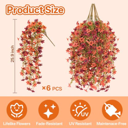 6 Pcs Artificial Hanging Mums for Outdoors, UV Resistant Fake Fall Flowers - color: Red Orange