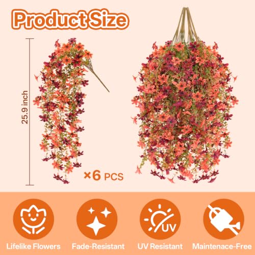 6 Pcs Artificial Hanging Mums for Outdoors, UV Resistant Fake Fall Flowers - color: Red Orange