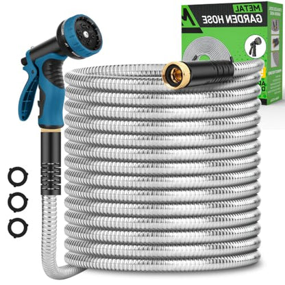 Kebose Garden Hose 100FT, Stainless Steel Hose with 10 Functional Nozzles - color: Silver, size: 100ft