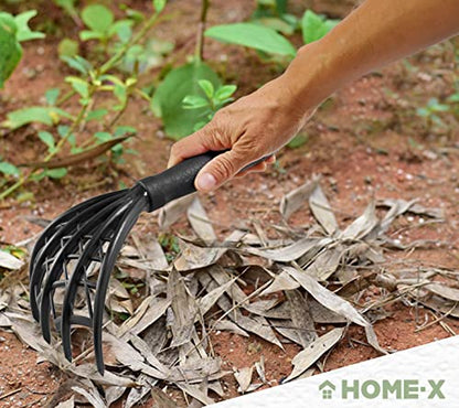 Home-X Webbed Garden Claw Rake and Cultivator, Durable Gardening Tool, Handheld Claw Rake Cultivator & Tiller-Rubber Grip (Black)-10.5” L