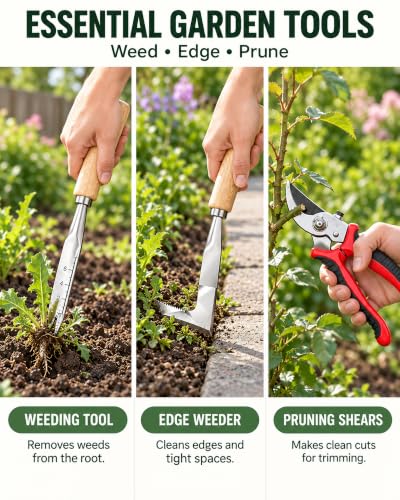 Garden Tools Set, 9-Piece Heavy Duty Gardening Tools with Clear Pocket Tote Bag, Stainless Steel Garden Hand Tools for Digging, Planting, Weeding and Pruning, Durable Gardening Kit - style: Green