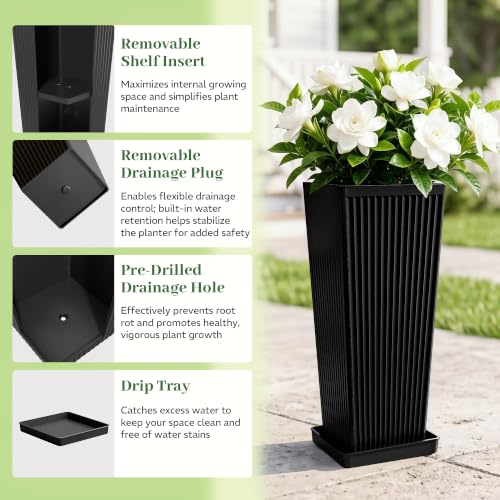 24" Tall Black Planters for Outdoor Plants with Tray Set of 2 Resin - color: Black-smooth