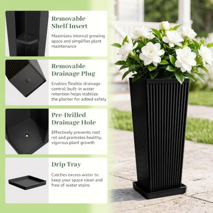 24" Tall Black Planters for Outdoor Plants with Tray Set of 2 Resin - color: Black-smooth