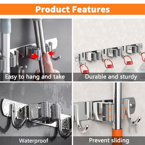 2 Pack Mop and Broom Holder Wall Mount for Kitchen Garden Garage Laundry - color: Silver, size: 2 Pack 3 Racks with 4 Hooks