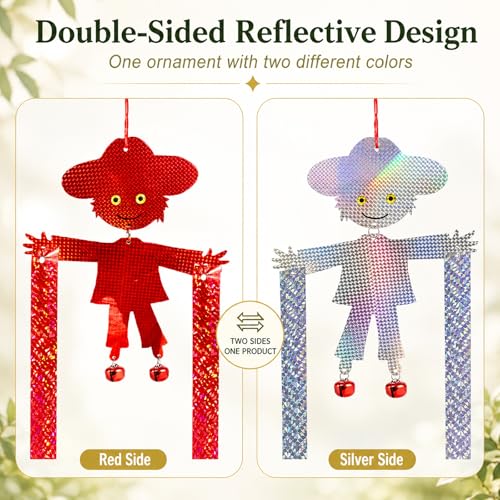 Hanging Bird Scare Reflective Devices, Double-Sided Highly Reflective Bird Deterrents Shiny Scarecrow Shape Reflectors with Bell to Scare Birds Away from Yards, Patios, and Farms (Silver + Red)