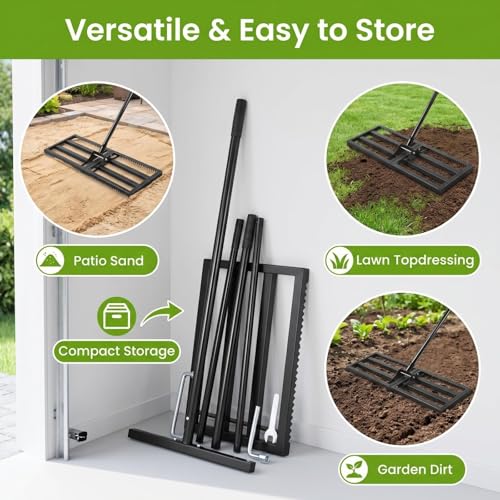 Top Soil Lawn Leveling Rake ,Lawn Sand Flea Rake Leveling 30”x10” Heavy Duty Leveler,Sand Spreader,16-77" Adjustable, for Sand,Top Soil Dressing,Yard Landscape,Ground Soil, Dirt,Grass