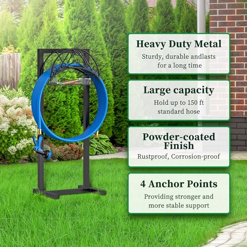Garden Hose Holder - Upgraded Water Hose Holder Holds 150FT Hose, Heavy Duty Metal Hose Stand, Detachable Hose Storage Rack for Lawn & Yard