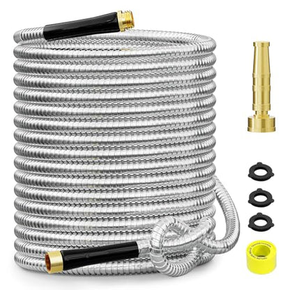 SPECILITE 25ft 304 Stainless Steel Metal Garden Hose with Rubber Grip - size: 25 ft, style: Rubber Grip
