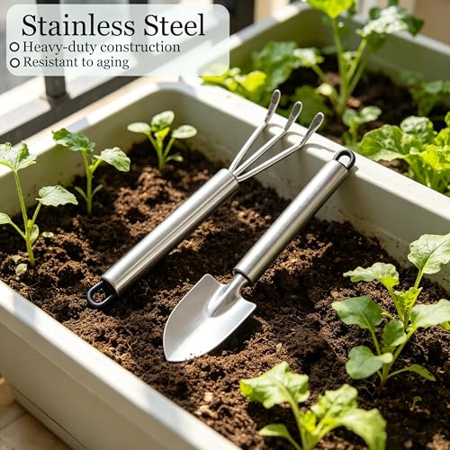 Garden Trowel, Mini Stainless Steel Hand Shovel Garden Rake 2 Pack - color: Mini Silver