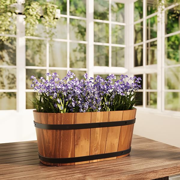 2-Pack Wooden Hanging Planters 13" Railing Flower Pots with Drainage Holes - color: Brown-2pcs, size: Large