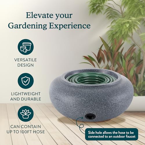 HC Companies Versatile 21 Inch Round Natural Decorative Plastic Outdoor Garden Hose Storage Pot with Side Hole for Faucet Connection, Granite - color: Granite