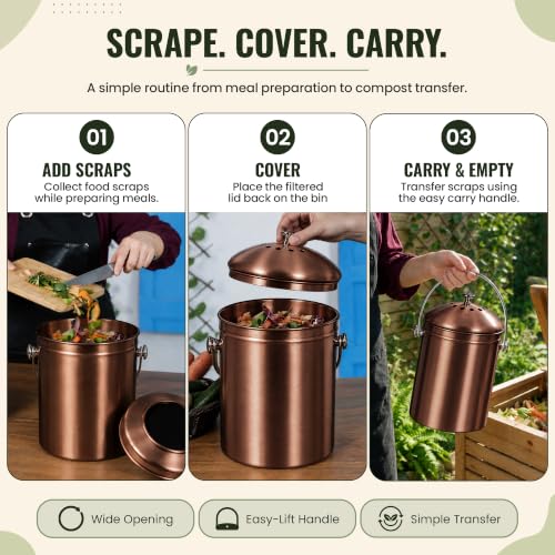 Epica Kitchen Compost Bin for Kitchen Countertops, 1.3 Galllon - Copper - color: Copper