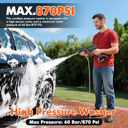 Cordless Portable Washer, 60Bar Handheld Washer, Battery Operated, Washer with Foam Pot, Cleaner with 5m Elastic Hose, for Car Home Outdoor Patio Garden, Lightweight Car Washer