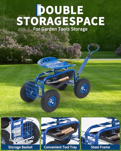 Heavy Duty Rolling Garden Work Seat – 360° Swivel Adjustable Height Stool, 10" All-Terrain Wheels, Extendable Handle, Tool Tray & Basket, 400 lbs Capacity – Blue - color: Blue, size: Without Backrest