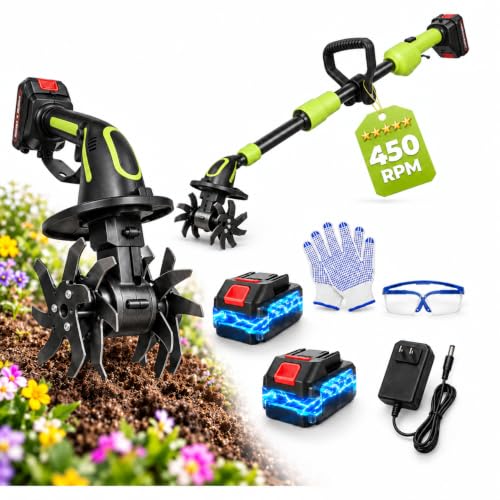 21V 2-in-1 Cordless Mini Garden Tiller Cultivator, 8.0Ah (2×4.0Ah) Batteries, 450RPM Electric Handheld Rototiller, 4" Width & Depth Soil Cultivator with Extension Rod for Raised Beds, Flower Beds - color: Emerald Green
