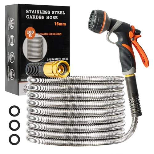 Metal Garden Hose 100FT Heavy Duty Lightweight 304 with Brass Nozzle,Durable Fittings,No Kink & Tangle,Puncture Resistant,Easy to Use & Store for RV,Outdoor, Yard,Ligh (100ft) - size: 100ft