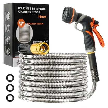 Metal Garden Hose 100FT Heavy Duty Lightweight 304 with Brass Nozzle,Durable Fittings,No Kink & Tangle,Puncture Resistant,Easy to Use & Store for RV,Outdoor, Yard,Ligh (100ft) - size: 100ft