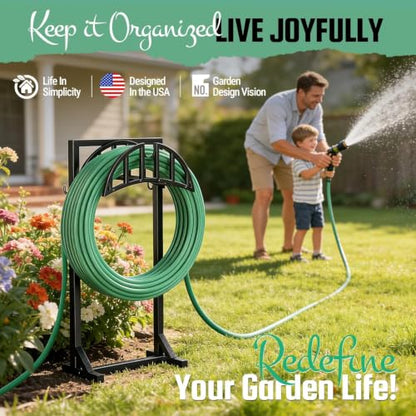 YQSLYSF Garden Hose Reel Holder, Water Hose Stand with 4 Stake and 2 Tool Hooks, Heavy-Duty Metal Hose Storage Holds 150Ft, Freestanding Hose Hanger Rack for Outside, Yard, Lawn, Farm（White） - color: Textured Black