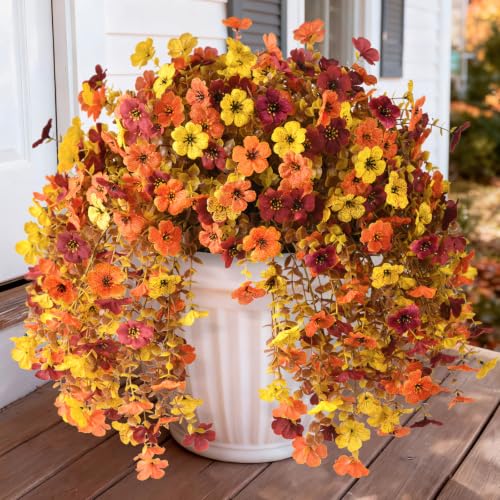 Homsunny Artificial Faux Mums Fall Flowers for Outdoor Outside Decoration - color: Orange Yellow Brown