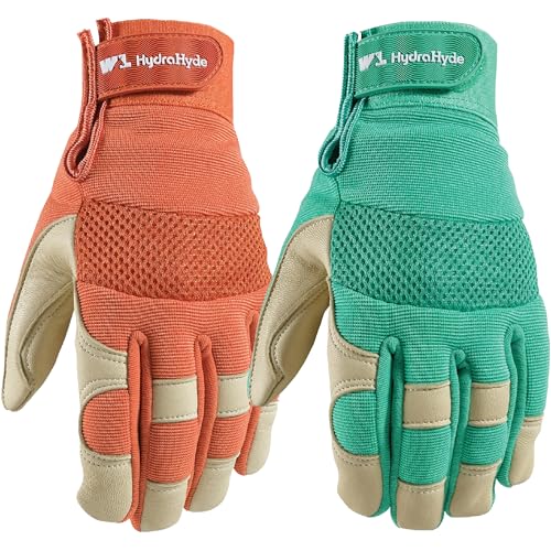 Wells Lamont Women's HydraHyde Leather Hybrid Gloves - color: Green & Orange, size: Large, style: 2-pack