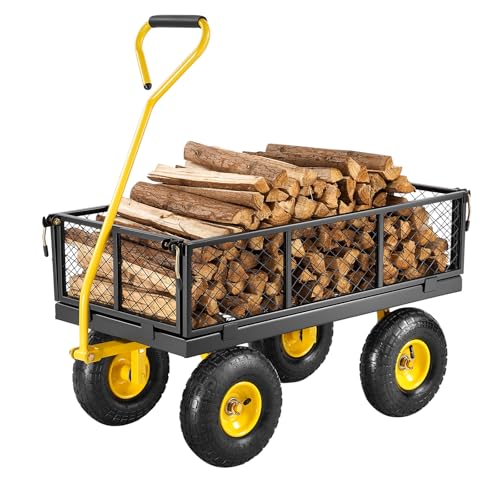 VEVOR Steel Garden Cart, Heavy Duty 500 lbs Capacity, with Removable Mesh Sides to Convert into Flatbed, Utility Metal Wagon with 180° Rotating Handle and 10 in Tires, Perfect for Garden, Farm, Yard - color: Blackyellow