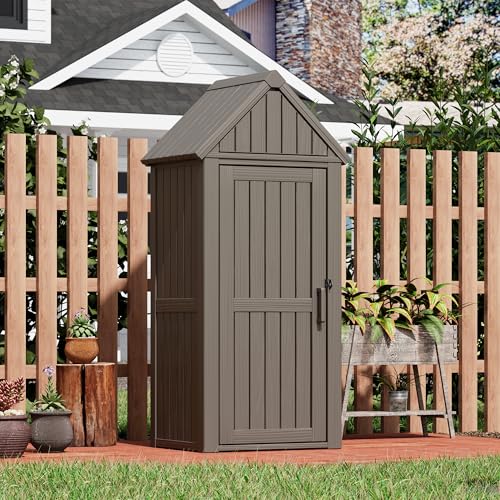 Fancyango Outdoor Resin Storage Cabinet Sturdy All-Weather Shed with Removable Shelves Lock Ring & Reinforced Floor – for Garden Patio Lawn (Grey) - color: Gray