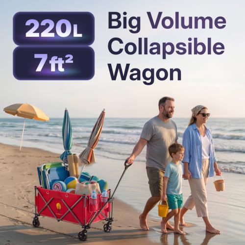39" L Collapsible Wagon with All-Terrain Wheels, 460 lbs Foldable Cart with Detachable Flashlight, Pockets & Flexible Steering Handle, Red Utility Heavy Duty Folding Beach Wagons Carts - color: Red