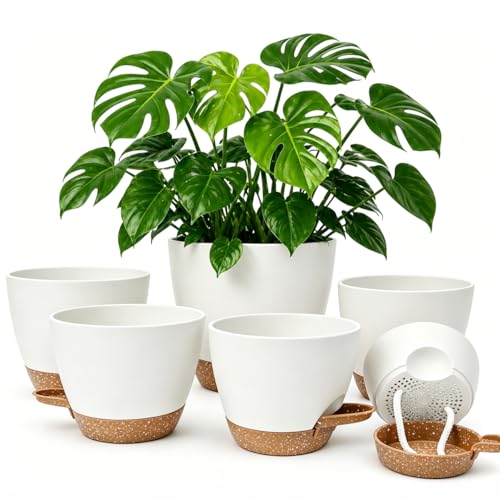 Plant Pots for Indoor 9/8/7/6.5/6/5 Inch, Self Watering Planter Pots with Drainage Holes and Saucers, 6Pcs Plastic Flower Pots for Indoor & Outdoor Plants（White） - color: White