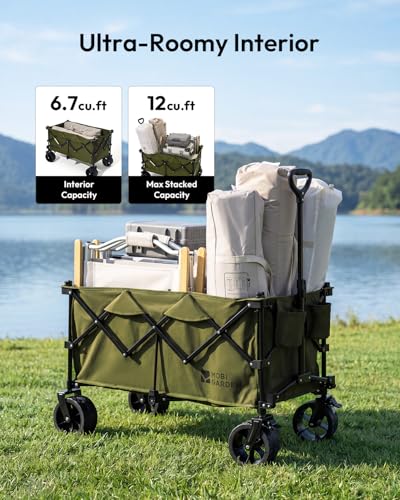 MOBI GARDEN 330Lbs Collapsible Folding Wagon Cart with Wheels 190L Capacity - color: Khaki Green, size: 190L