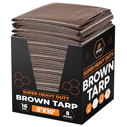 Xpose Safety Super Heavy-Duty 8' x 10' Brown Poly Tarp Bulk (8-Pack) - 16 Mil Waterproof & UV Resistant, Rip-Proof with Reinforced Edges & Grommets - color: Brown, size: 8' X 10' (8-Pack)