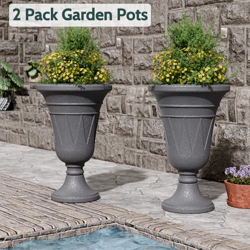 Tall Plastic Urn Planters and Pedestal - 24" Outdoor Planter Grey - color: Dark Grey-trophy
