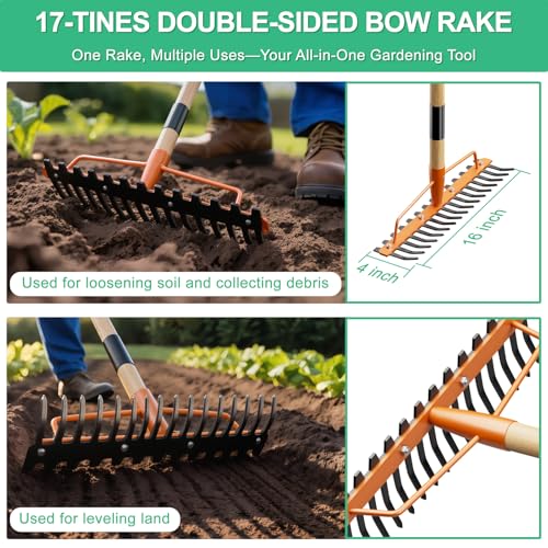 Bow Rake Heavy Duty 17-Tine, 55" Wooden Handle Garden Rake