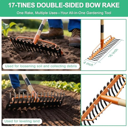 Bow Rake Heavy Duty 17-Tine, 55" Wooden Handle Garden Rake