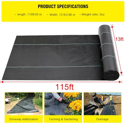 Driveway Fabric, 13x115 ft Commercial Weed Barrier, Heavy Duty 5oz French Drain Fabric for Erosion Control, Landscape Projects - size: 13 x115 ft-5OZ