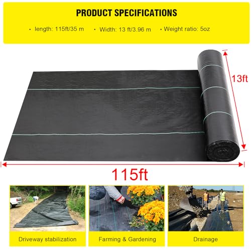 Driveway Fabric, 13x115 ft Commercial Weed Barrier, Heavy Duty 5oz French Drain Fabric for Erosion Control, Landscape Projects - size: 13 x115 ft-5OZ