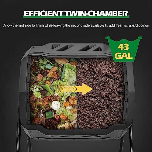Nova Microdermabrasion 43 Gallon Compost Tumbler Bin Composter Dual Chamber BPA Free Compost Bin Outdoor Rotating Garden Yard Waste Bins - color: Black