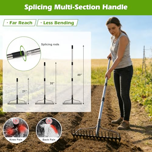 4FT Bow Rake,Heavy Duty Metal Garden Rake for Moving Gravel Loosening Soil Leveling Ground Gathering Leaf Debris Spreading Mulch, 17 Tines,Adjustable Handle, for Lawn Garden Farm Landscape Work - style: 49"