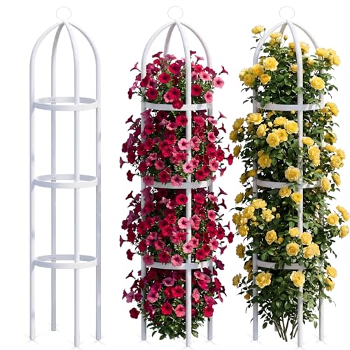 DoubleFill 3 Pack 6ft Metal Garden Obelisk Trellis for Climbing Plants Outdoor Heavy Duty Metal Plant Flower Round Obelisk Garden Trellis for Climbing Vines and Flower Stands(White)