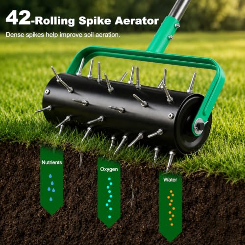 15" Rolling Lawn Aerator, Heavy Duty Push Spike Aeration Tool with 42 Spikes, Filled Pull Behind Garden Drum Roller with 71" Adjustable Handle, Soil Penetrator Push Lawn Aeration for Garden Yard Farm