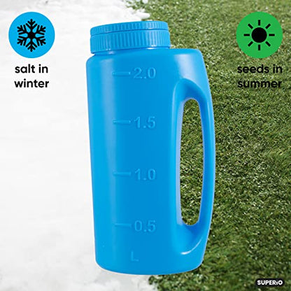 Superio Handheld Spreader for Lawn and Garden Seed, Fertilizer and Ice Melt Spreader 2 Liter, Adjustable Hole Size - color: Multi