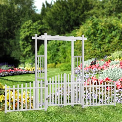 VINGLI Garden Arbor with Gate and Fence, PVC Wedding Arch for Ceremony Party, Garden Trellis for Climbing Plants Outdoor, Arch Backdrop Stand for Garden, Backyard, Lawn, Wedding - color: White