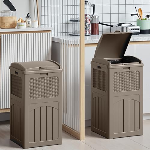 Devoko 33 Gallon Outdoor Trash Can with Dual Lid, Hideaway Garbage Bins,2Pc - color: Brown, size: 2 Pack