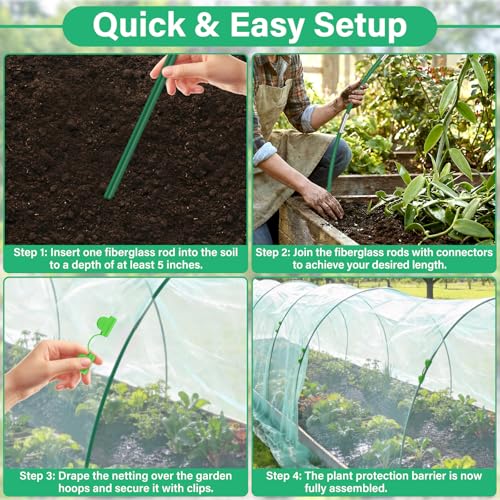 Garden Mesh Netting Kit for Raised Beds, 10x33FT Ultra Fine Mesh Netting& 6 Sets 8FT Fiberglass Garden Hoops, Insect Netting Row Cover, Pest Barrier Protection for Vegetable Fruits Flowers