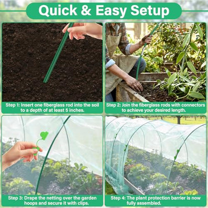 Garden Mesh Netting Kit for Raised Beds, 10x33FT Ultra Fine Mesh Netting& 6 Sets 8FT Fiberglass Garden Hoops, Insect Netting Row Cover, Pest Barrier Protection for Vegetable Fruits Flowers