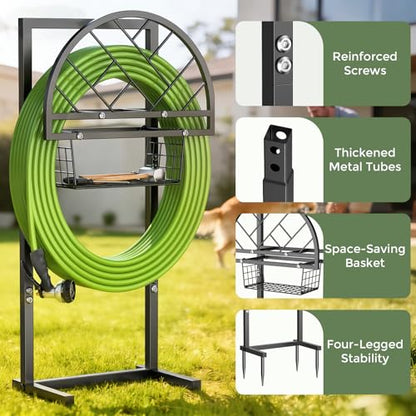 Garden Hose Holder Heavy Duty Water Hose Holder with Storage Basket,Holds Up to 165FT Hose, Freestanding Outdoor Hose Hanger with 4 Spikes Sturdy Hose Stand, for Outside Yard Lawn Patio - color: All Black