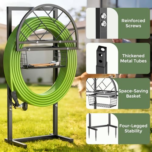 Garden Hose Holder Heavy Duty Water Hose Holder with Storage Basket,Holds Up to 165FT Hose, Freestanding Outdoor Hose Hanger with 4 Spikes Sturdy Hose Stand, for Outside Yard Lawn Patio - color: All Black