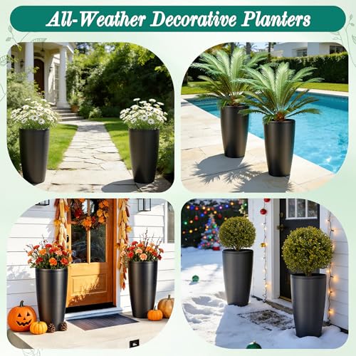 Autodaya 22.8" Tall Outdoor Planters Set of 2, Faux Brushed Steel Finish - color: Metallic Brushed Black-21.8"h